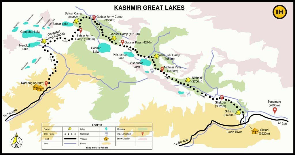 The Kashmir great Lake Trek route map
