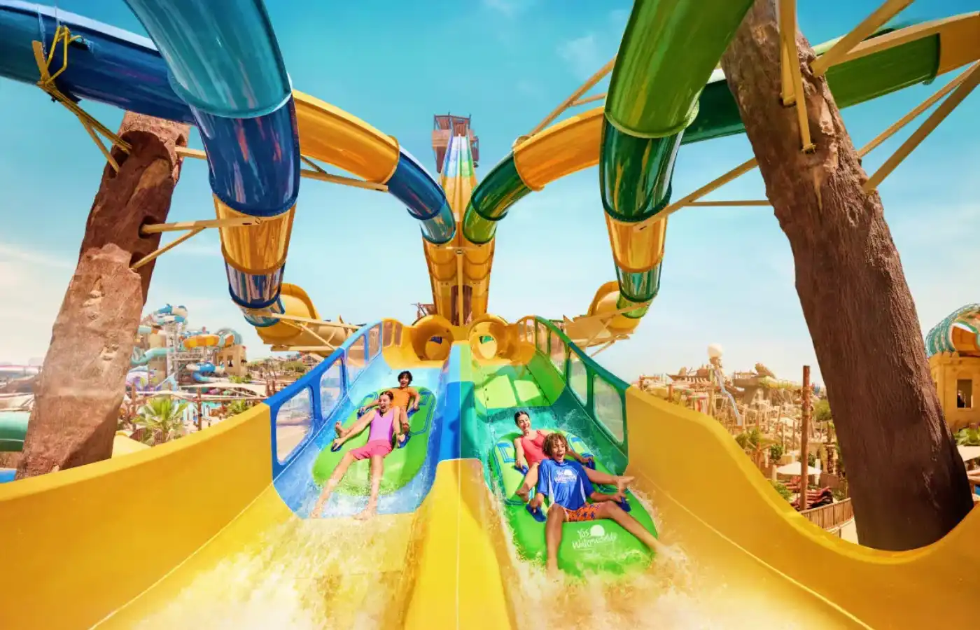 Kids enjoying at yas waterworld ride.