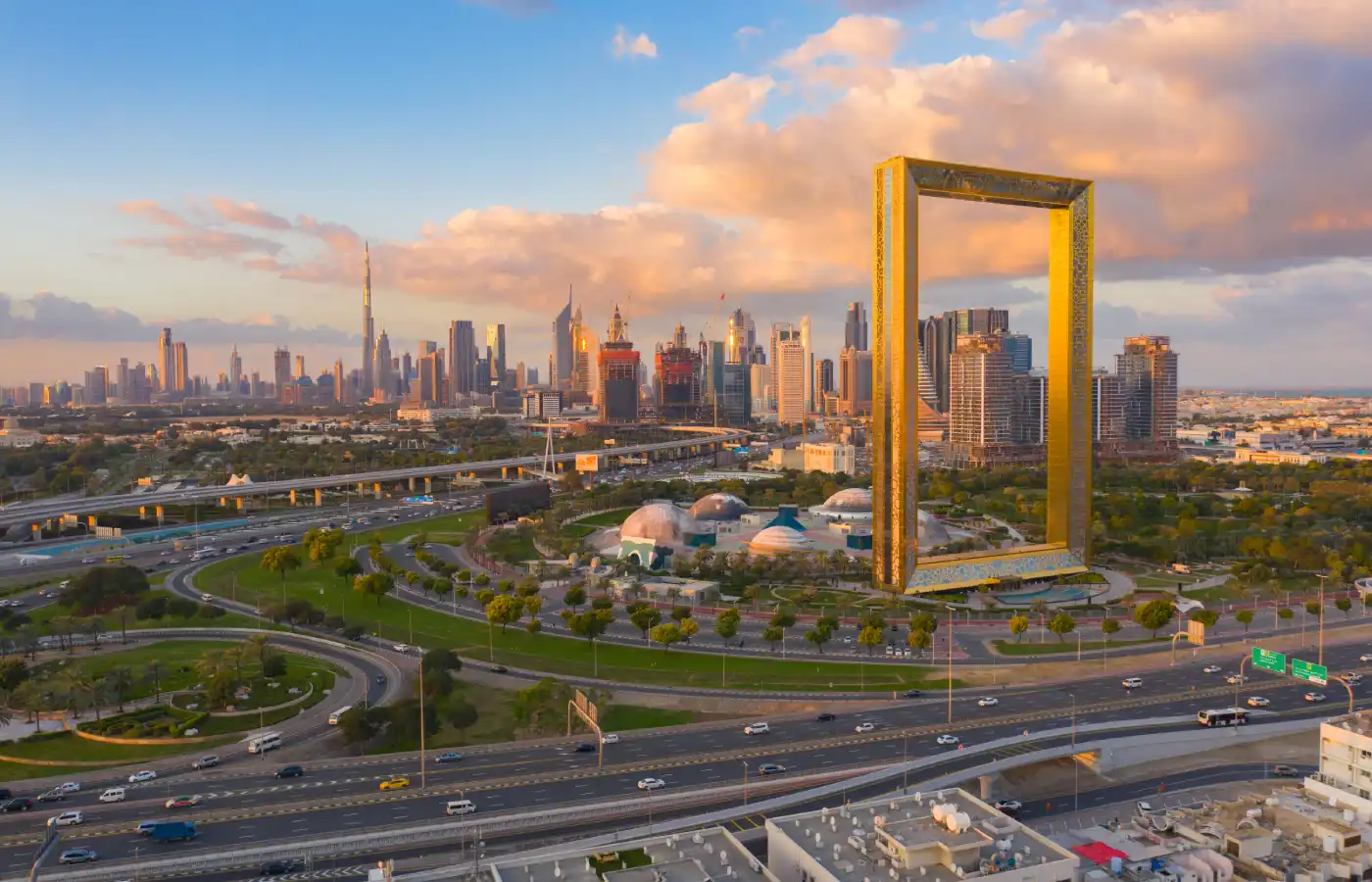Aerial view of Dubai Frame.