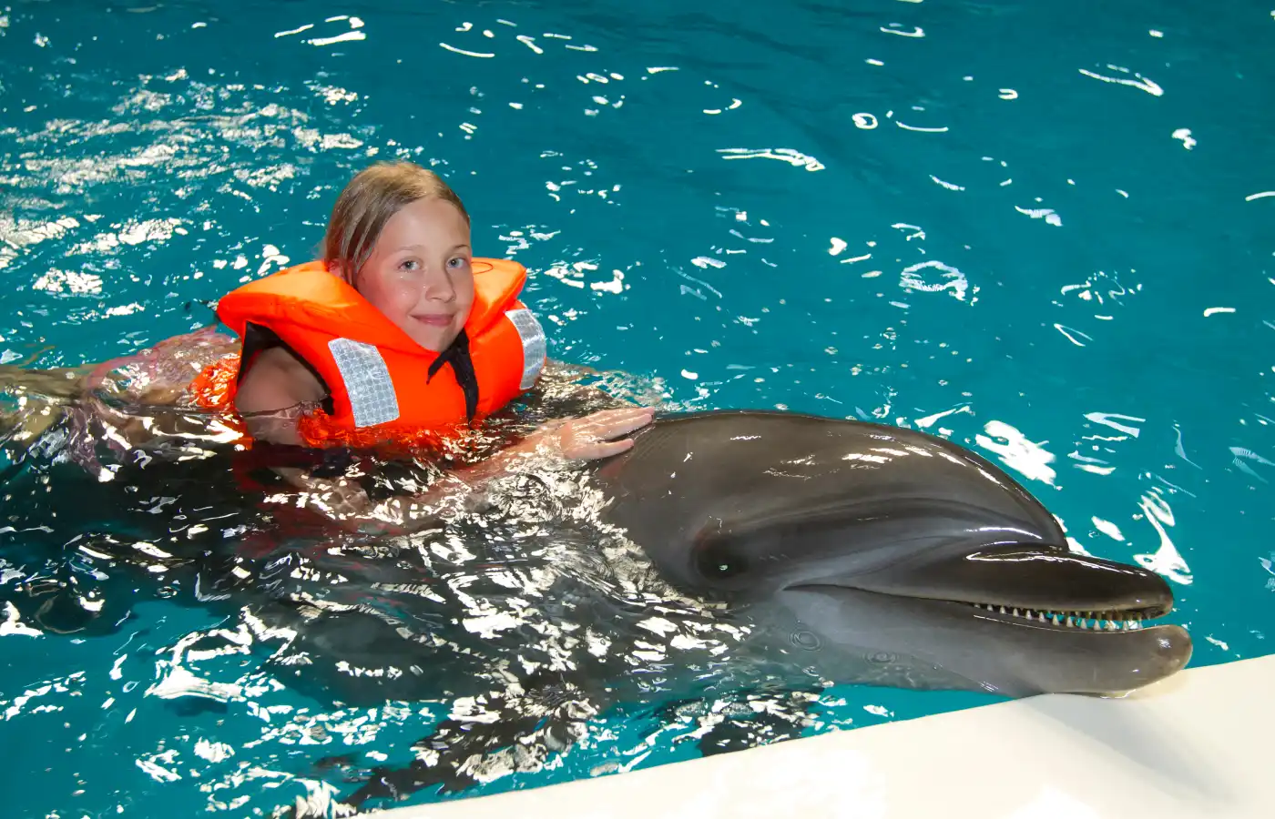 Young girl swimming with smart dolphin