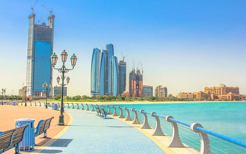 Abu Dhabi skyline from cycle paths of Corniche