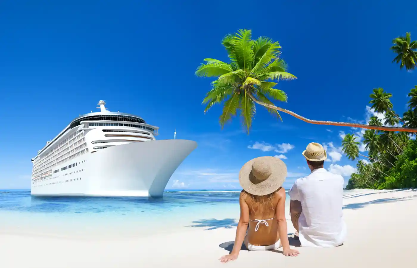 Romantic Couple Sitting by a Cruise Ship
