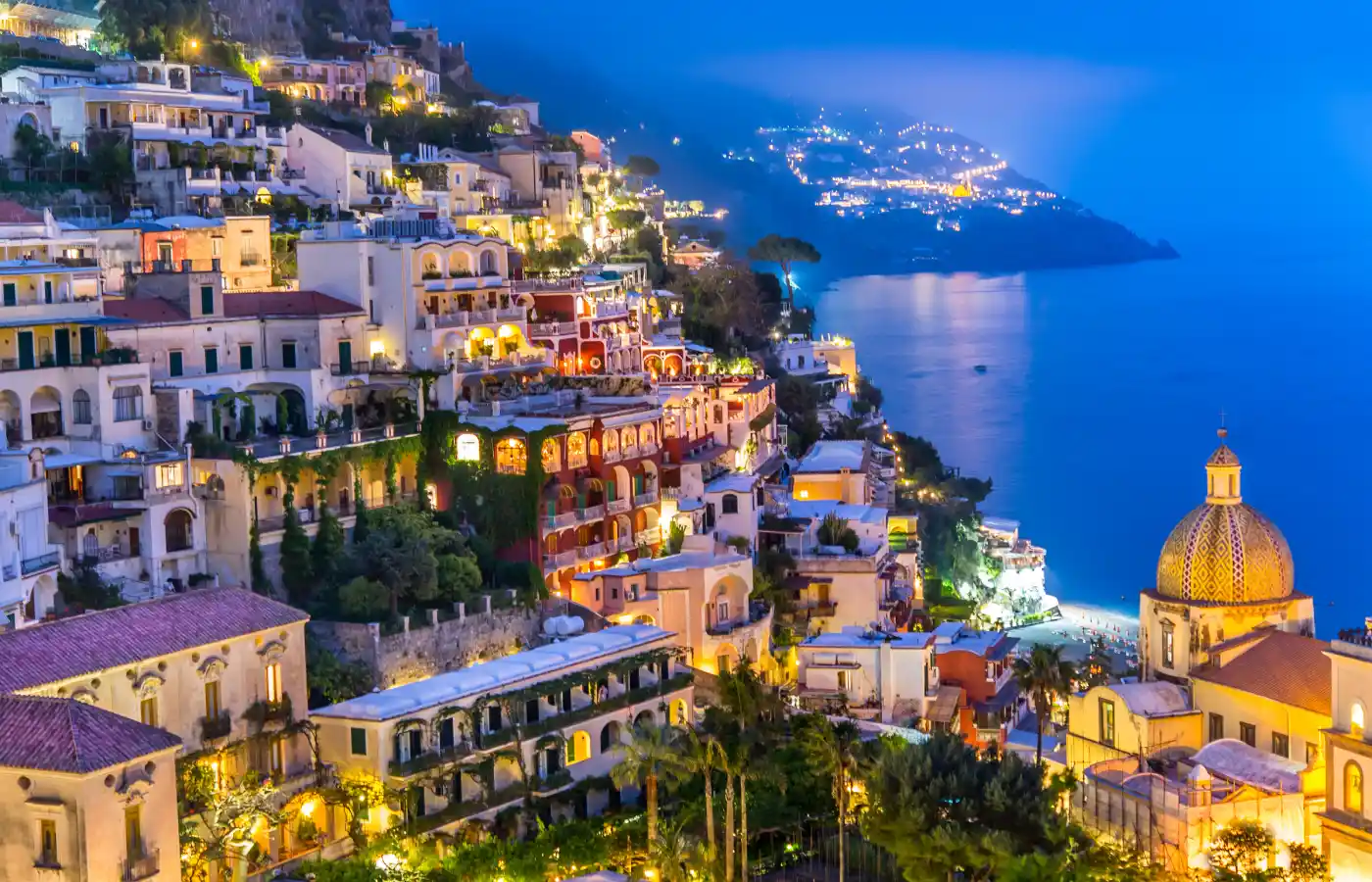 Night view of Positano village at Amalfi Coast, Italy.