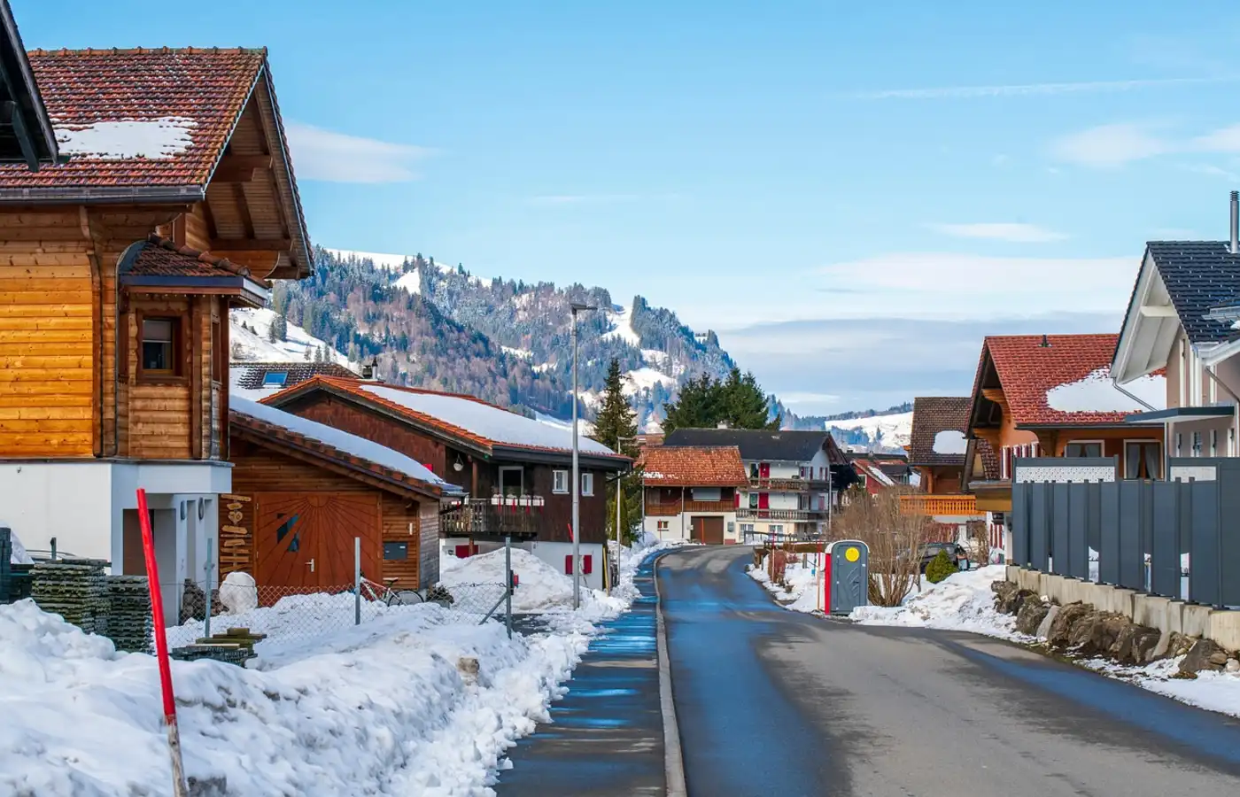 Switzerland town roads with snow