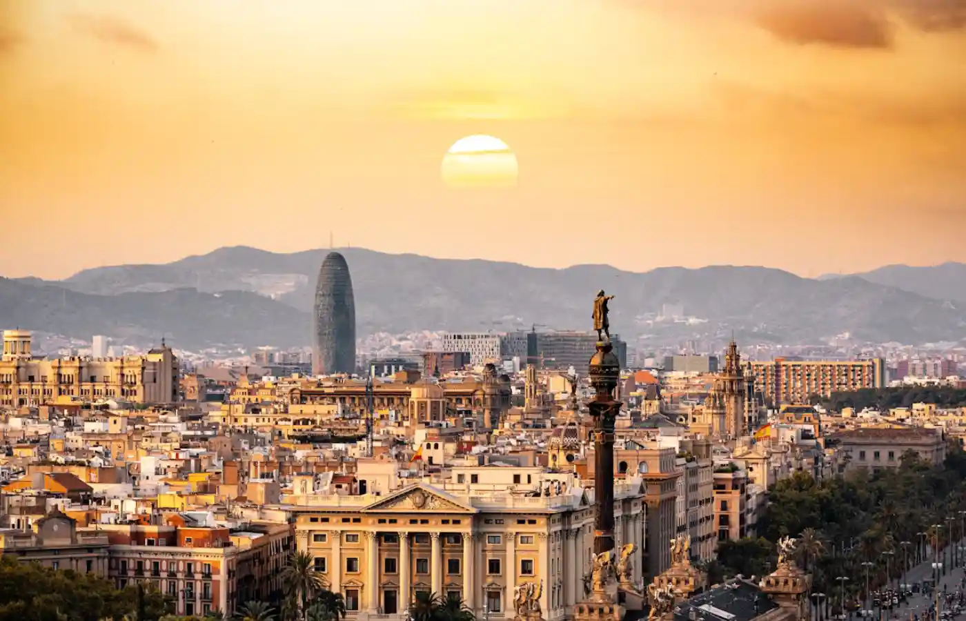 Barcelona city view with beautiful sunset,