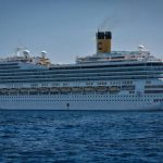 A huge cruise in the vast sea under the blue sky.