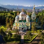 View of a church under clear sky in Almaty.