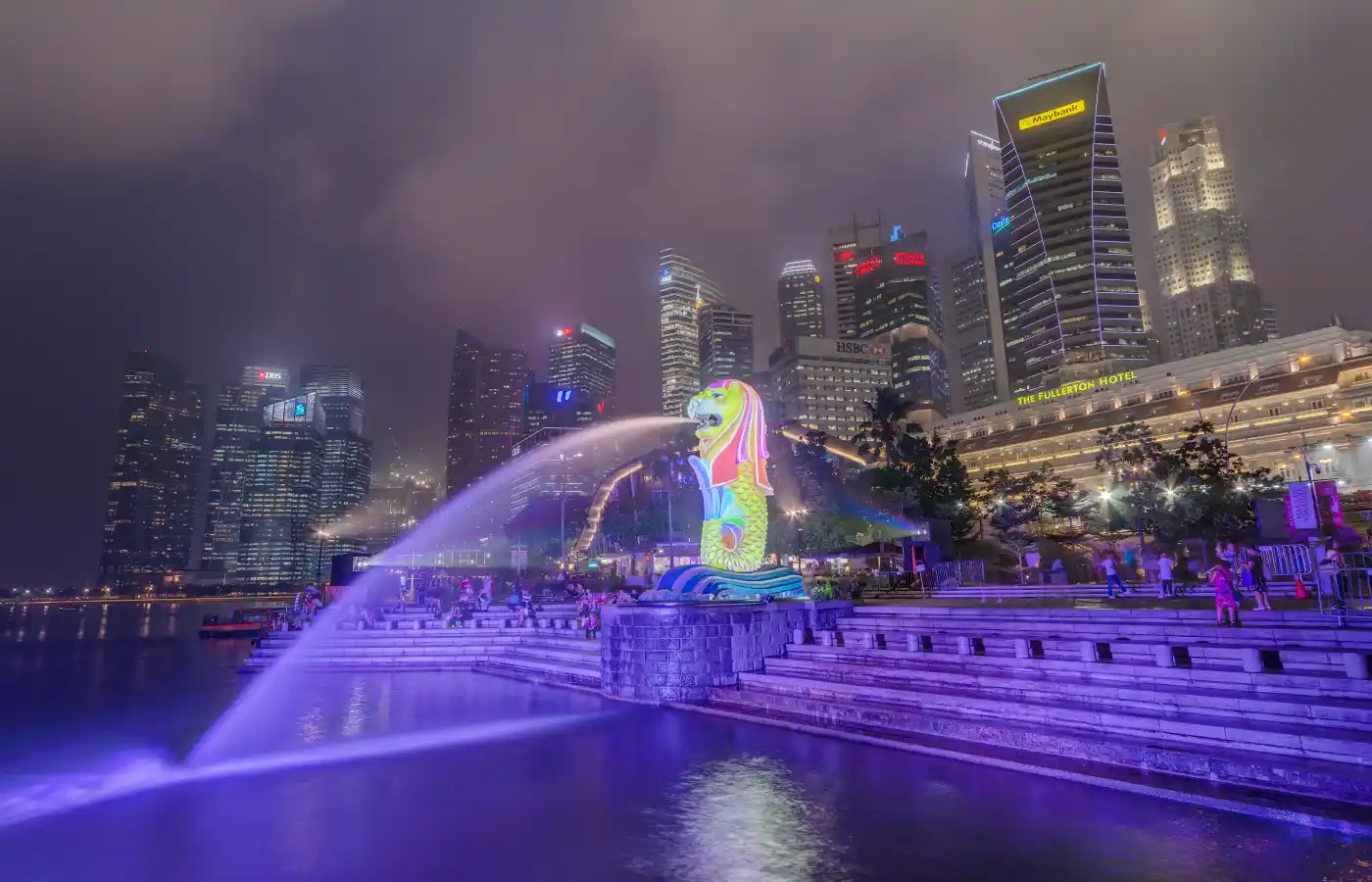 Merlion Statue and Fontain in Singapore by night.