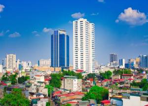 View of buildings under clear sky in Hanoi city.