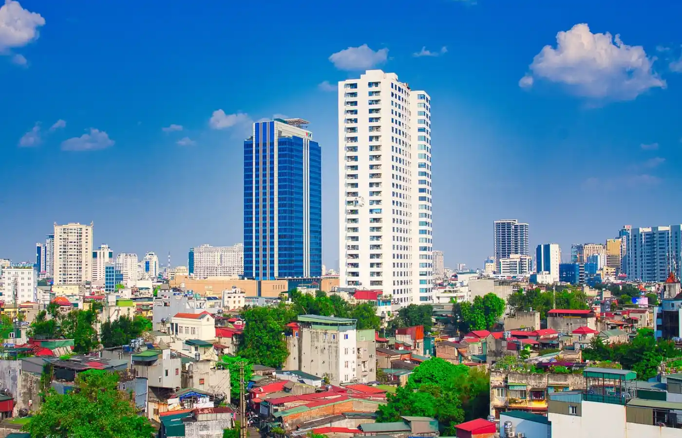 View of buildings under clear sky in Hanoi city.