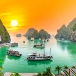 Dreamy sunset landscape Halong Bay, Vietnam view from adove.