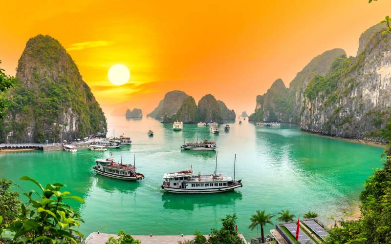 Dreamy sunset landscape Halong Bay, Vietnam view from adove.