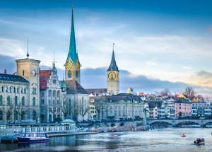 View of Zurich lake and town under the sky.