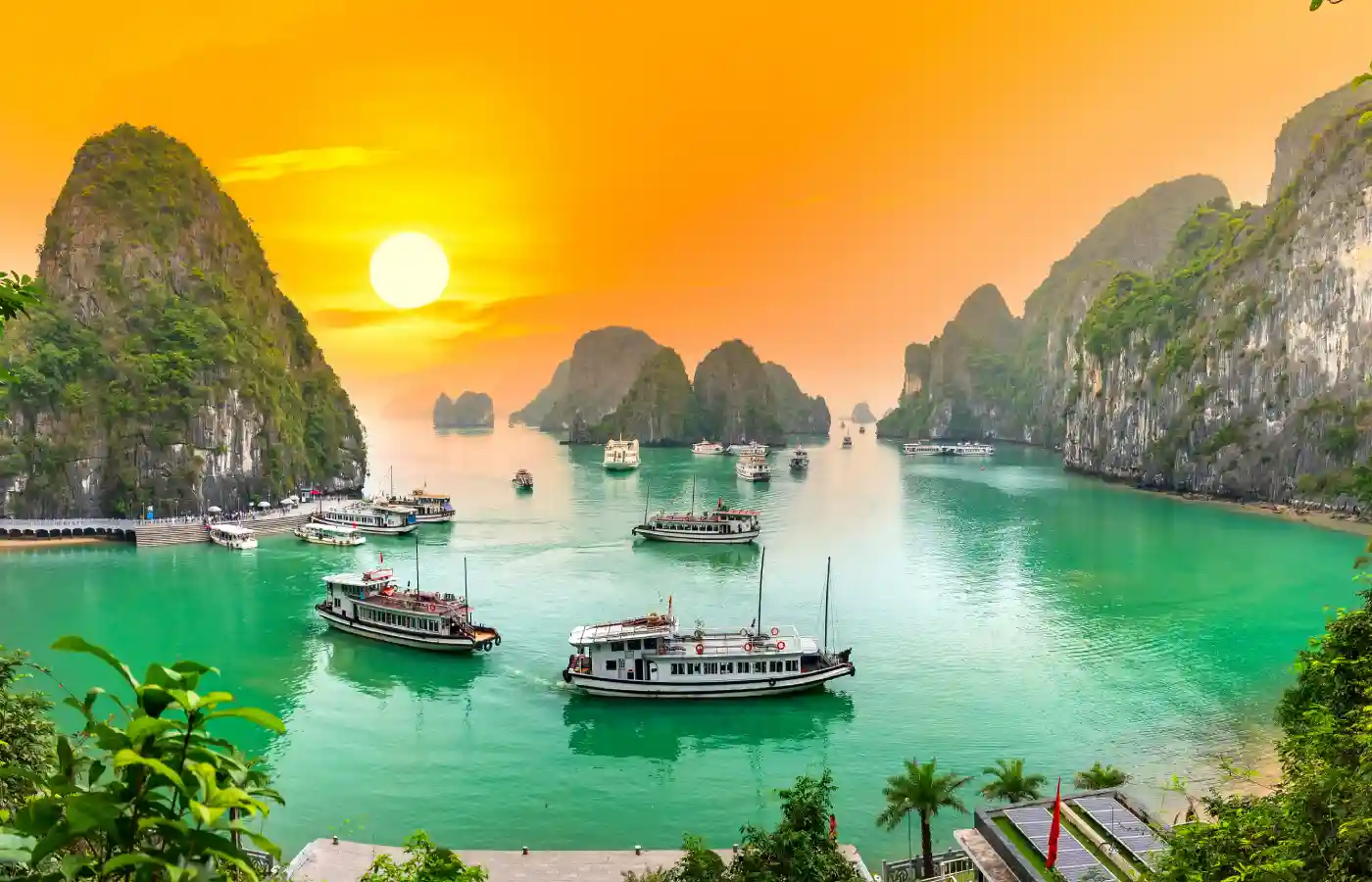 Dreamy sunset landscape Halong Bay, Vietnam view from adove.