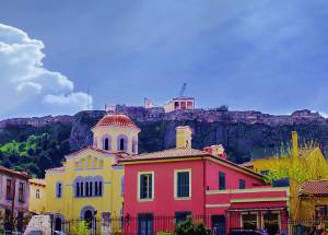 Colorful rock buildings in Athens Greece.