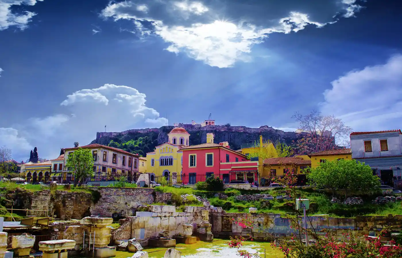 Colorful rock buildings in Athens Greece.