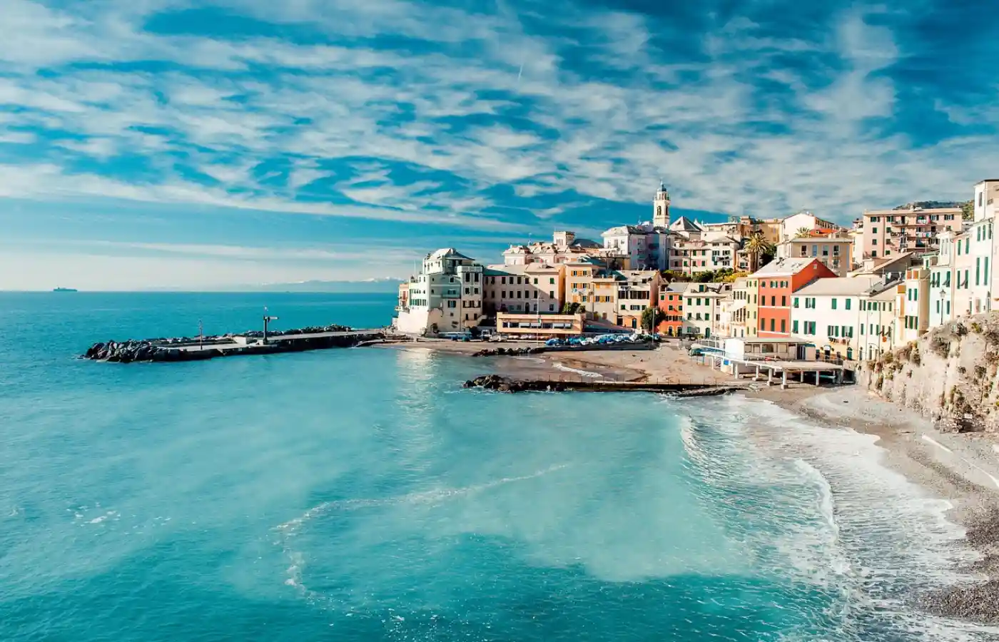 Ocean town coast in Greece under the clear sky.