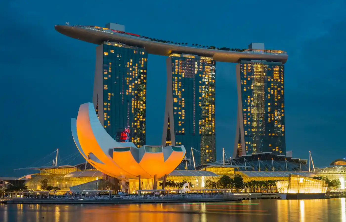 Singapore buildings at night.