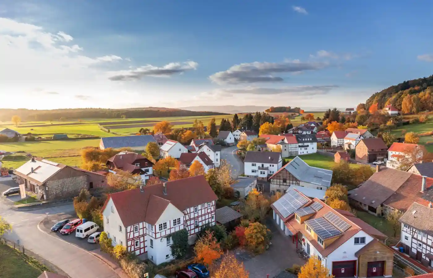 A village in Germany with small houses under the sky.
