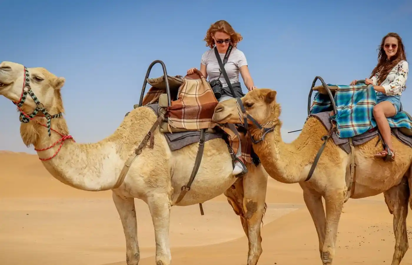 Women sitting on a camel in desert.