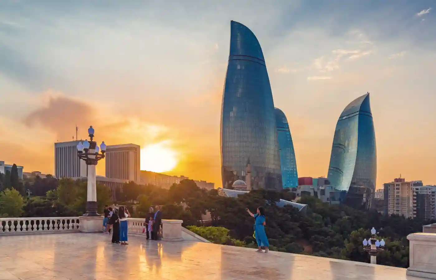 Tourists take pictures in the upland park in Baku, Azerbaijan