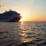 A cruise ship sailing in the water body.