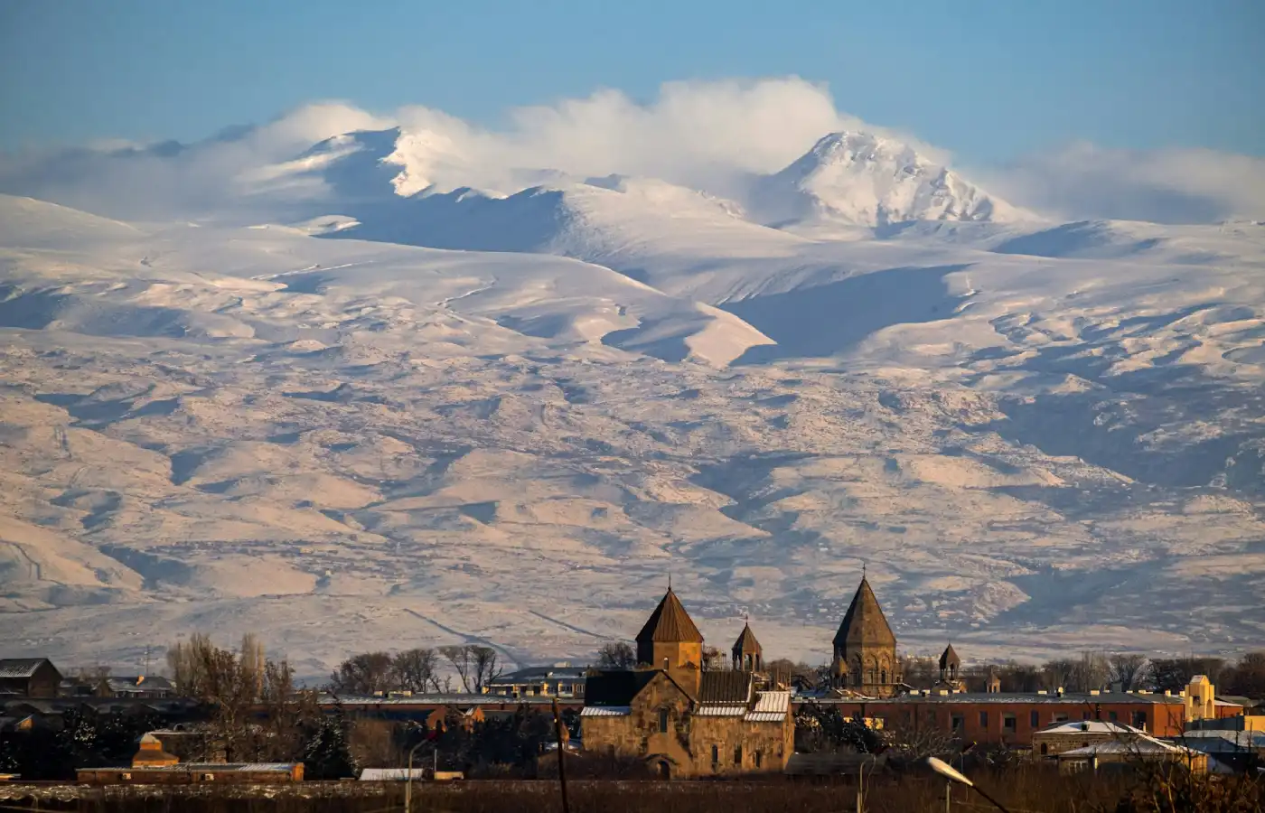 Mountain range with a church in Armenia.