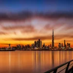 Dubai silhouette Skyline very Dramatic Clouds in Sunset Time