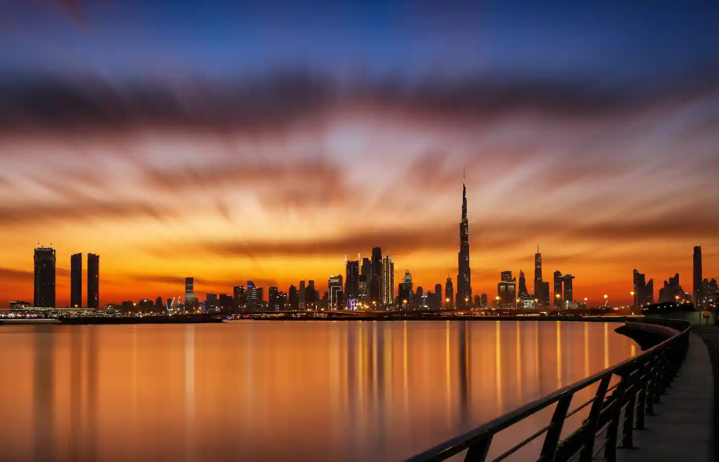 Dubai silhouette Skyline very Dramatic Clouds in Sunset Time