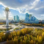 Kazakhstan. Center of the city, skyscraper, view on Baiterek