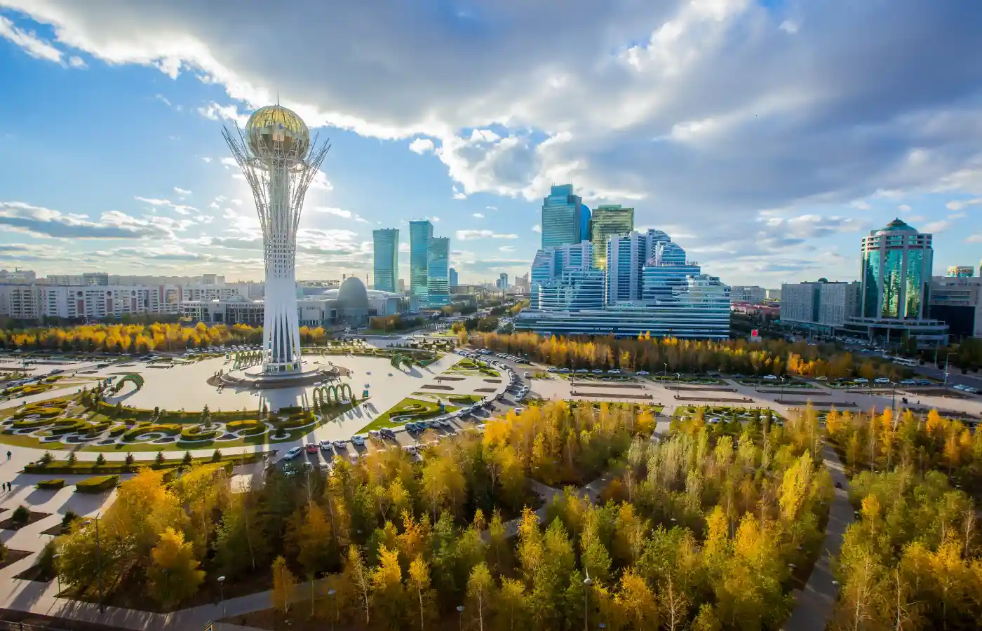 Kazakhstan. Center of the city, skyscraper, view on Baiterek