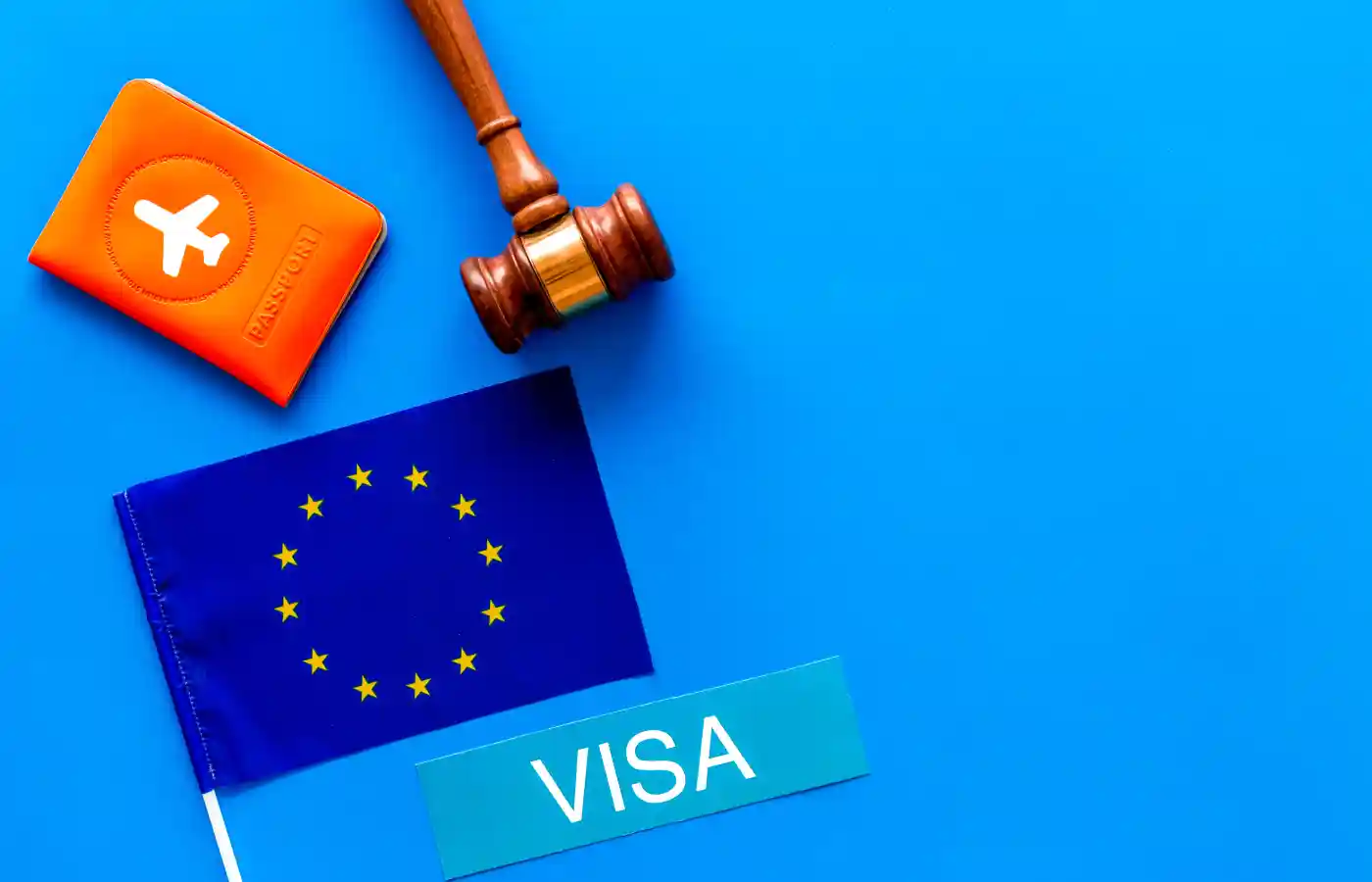 Text visa near passport cover and european flag