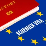 Schengen visa, white text over eu flag and passport