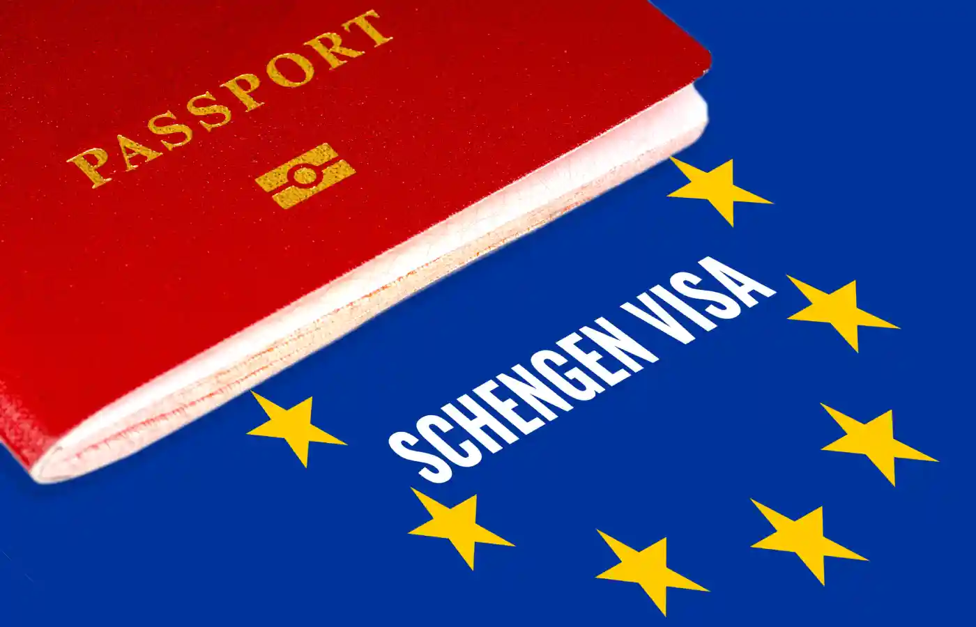 Schengen visa, white text over eu flag and passport
