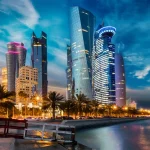 The skyline of Doha city center after sunset, Qatar