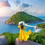 Girl standing on a viewpoint at Koh Nangyuan Island, Thailand