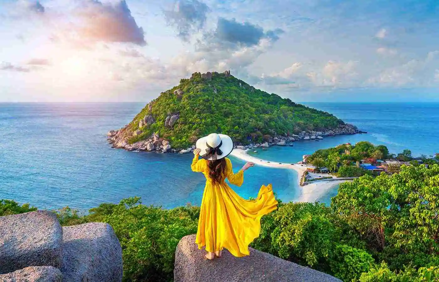 Girl standing on a viewpoint at Koh Nangyuan Island, Thailand