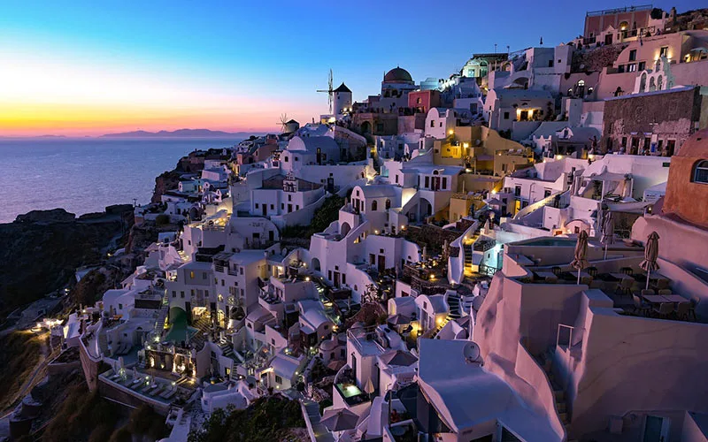 Winter sunset over houses in Greece