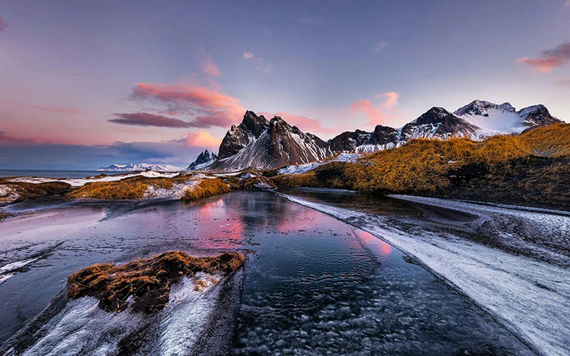 Iceland coast with mountains in winter