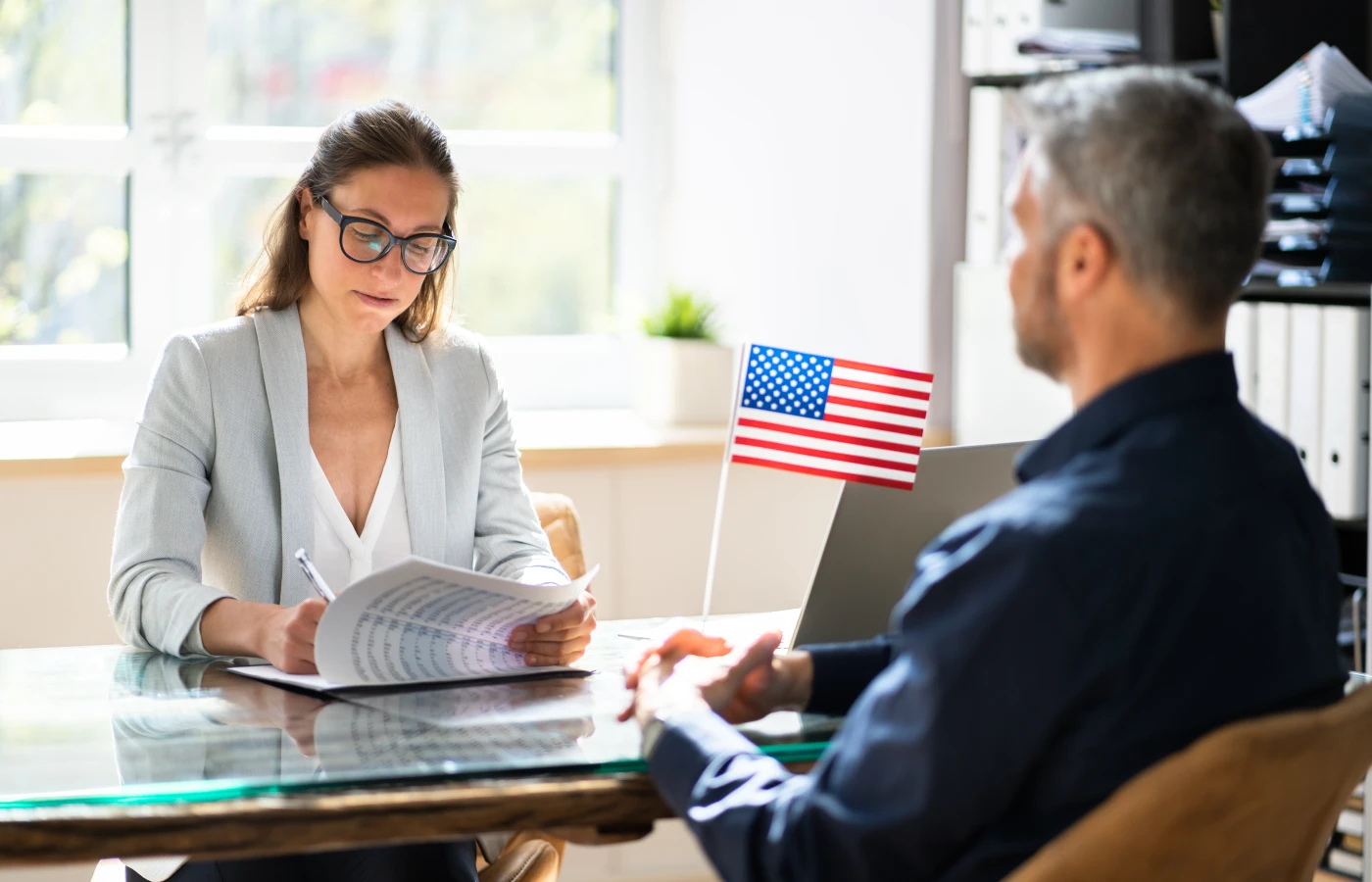 man sitting for US visa interview