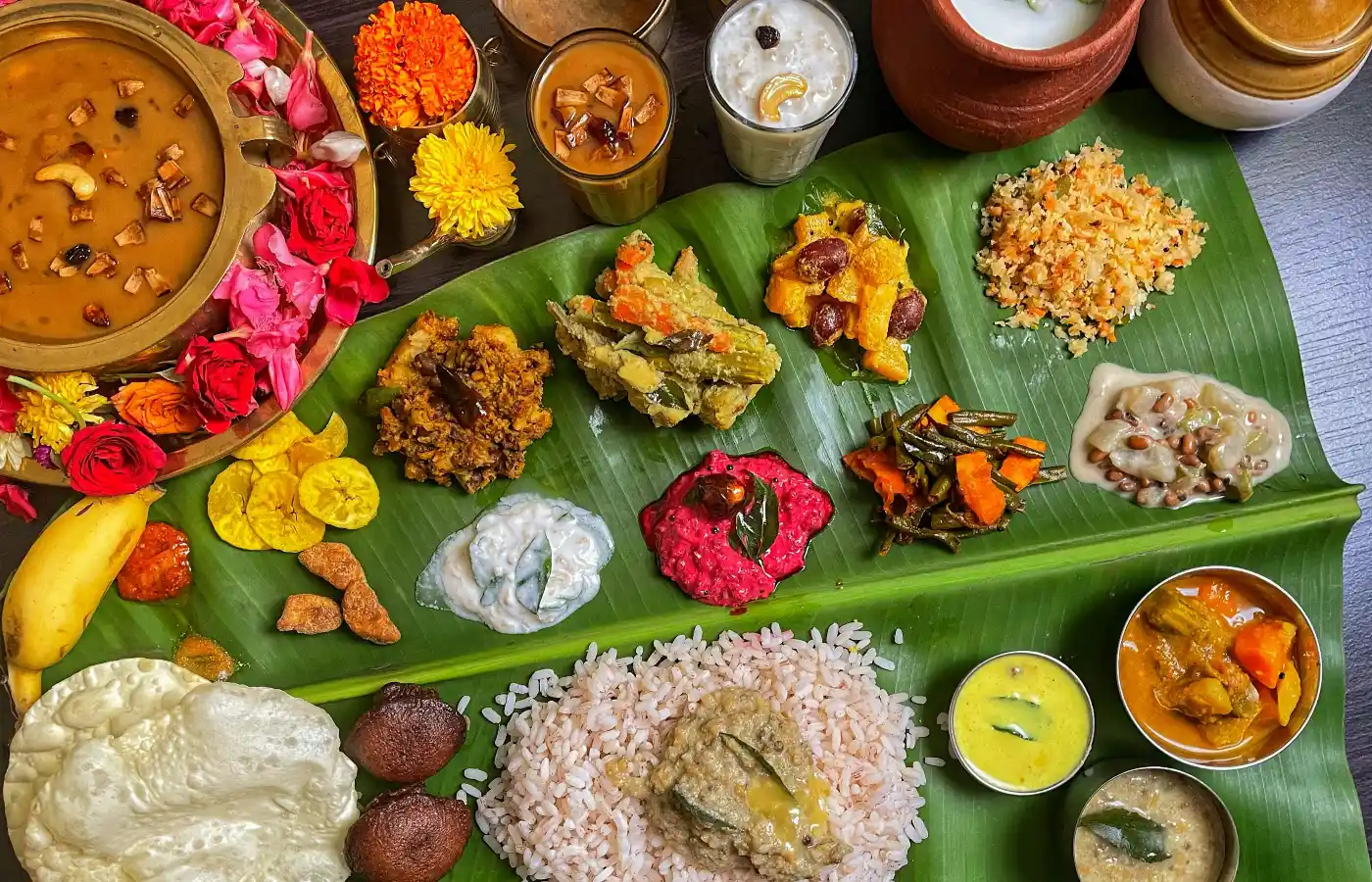 An elaborate spread of South Indian Sadya, especially served during festivals