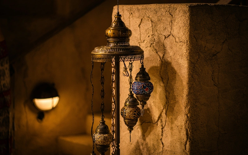 al fahidi fort in old dubai with a dim light of a lamp displaying an old chandelier