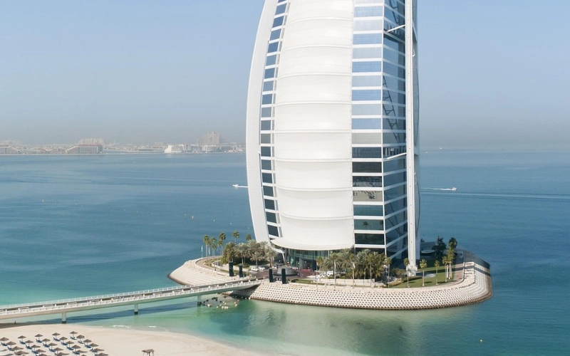 An external view of Al Mahara, an underwater restaurant in Burj Al Arab hotel surrounding by water