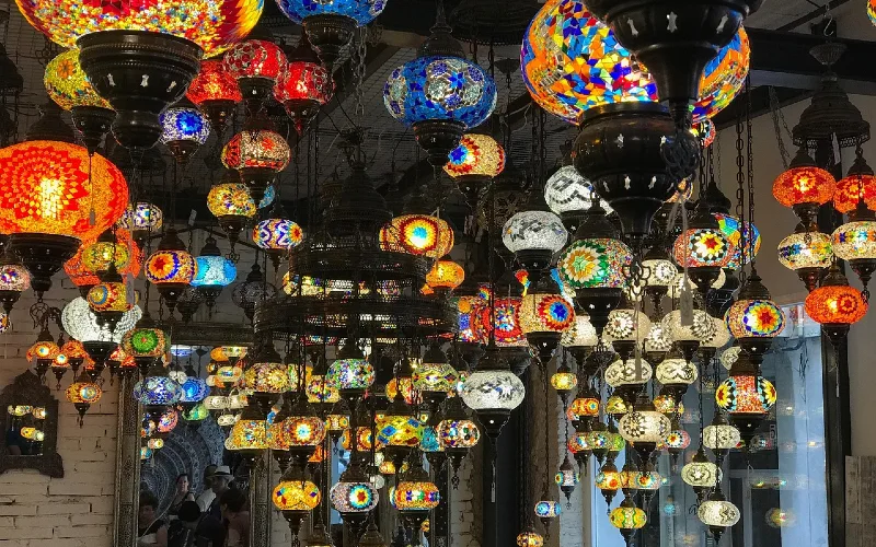 Glittering lamps hanging at a traditional souk in Dubai