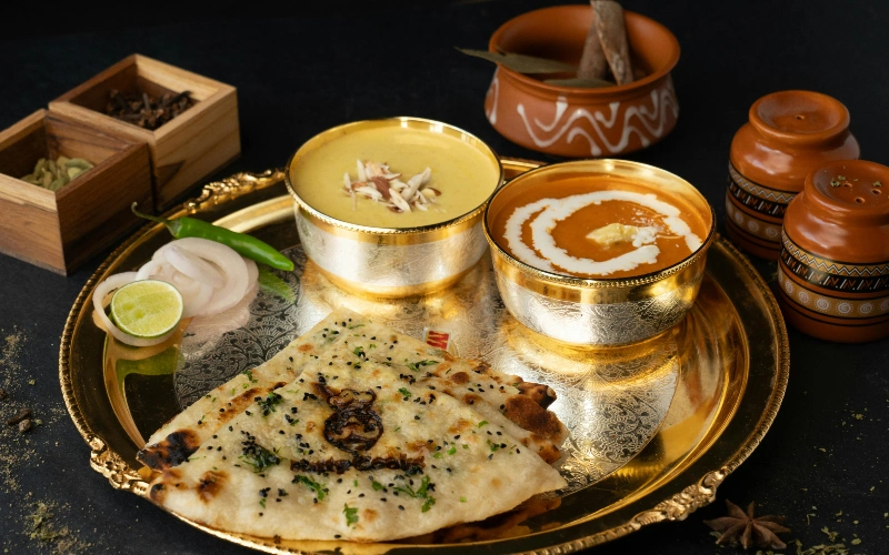 a thali with traditional Indian vegetarian food